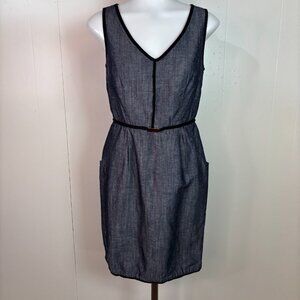 Ann Taylor Sheath Dress 0 Navy Blue Chambray Sleeveless V-Neck Pockets Women's